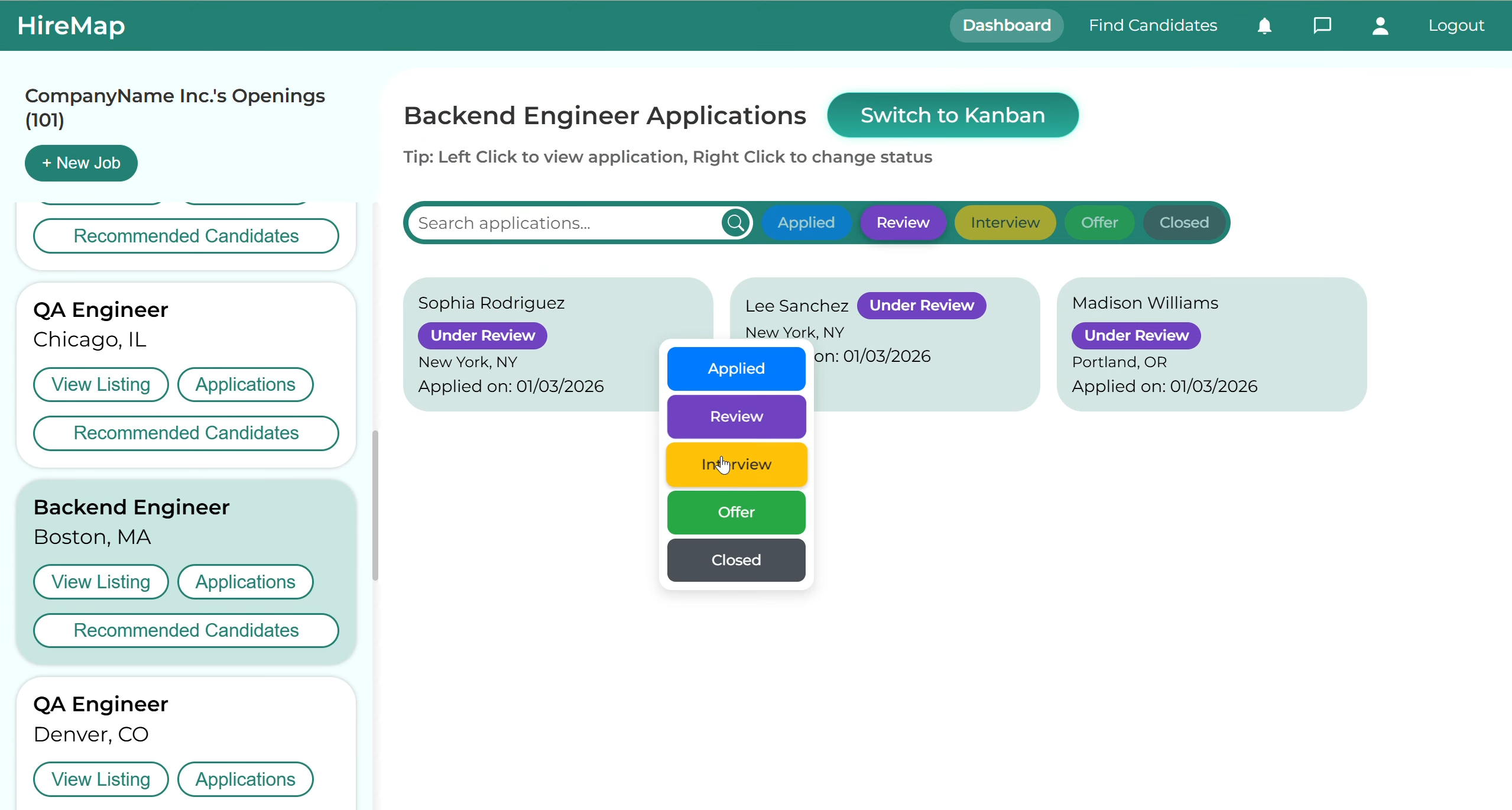 Manage applicants